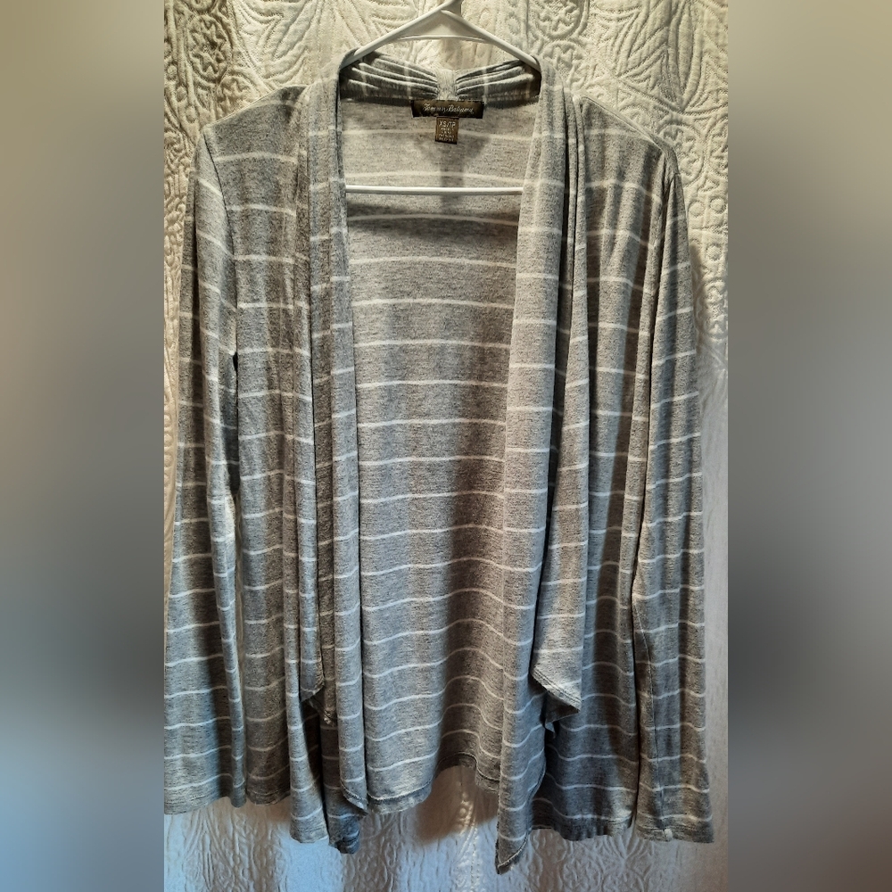 Tommy Bahama Sweater Womans XS Gray White Striped Cardigan Lightweight Beach